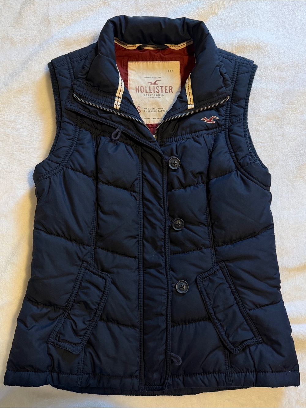 Hollister Navy Quilted Puffer Vest with Stand Collar